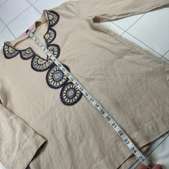 Lilly Pulitzer Tunic Top Women Small Tan Amelia Island Linen Beaded Oyster Shell - Picture 8 of 9